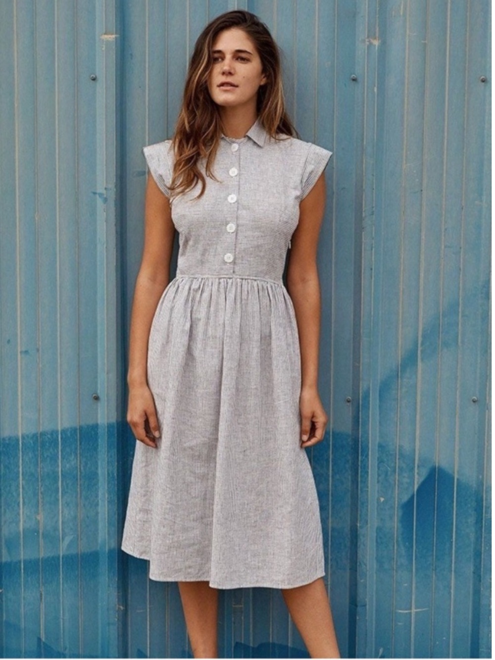 Christy Dawn Piper Blue White Pinstripe Retro Midi Dress Size Small French Girl - Picture 3 of 14
